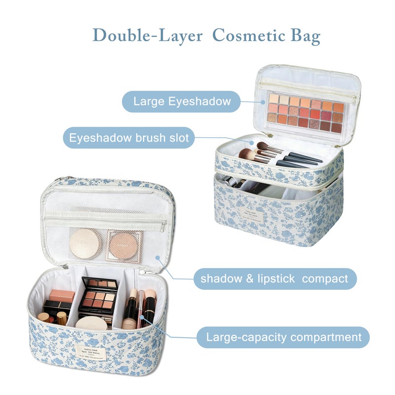 Gosect Quilted Floral Makeup Bag, Double Layer Large Capacity Cosmetic Bag with Compartments, Cute Coquette Aesthetic Toiletry Bag, Portable Travel Organizer with Dividers for Women Girls - Image 2