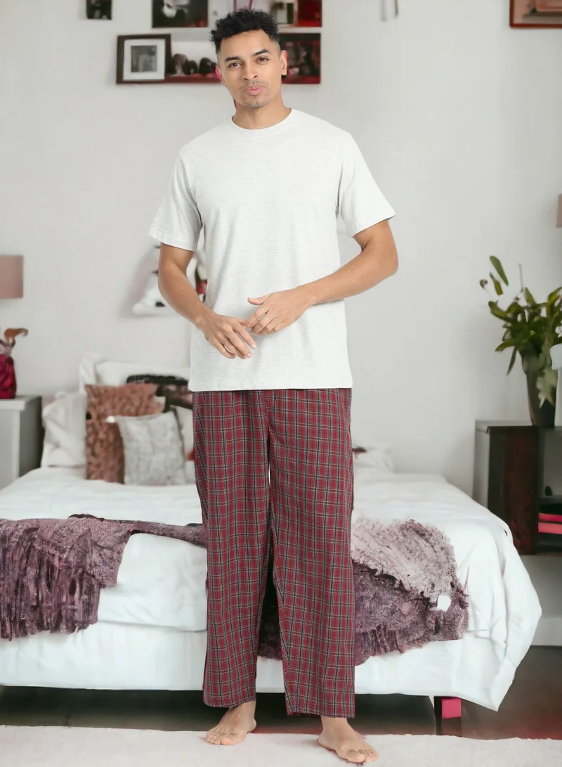 victor and jane Men's Cotton Pyjama Sets with Round Neck T-shirt in Beige and Woven long pants