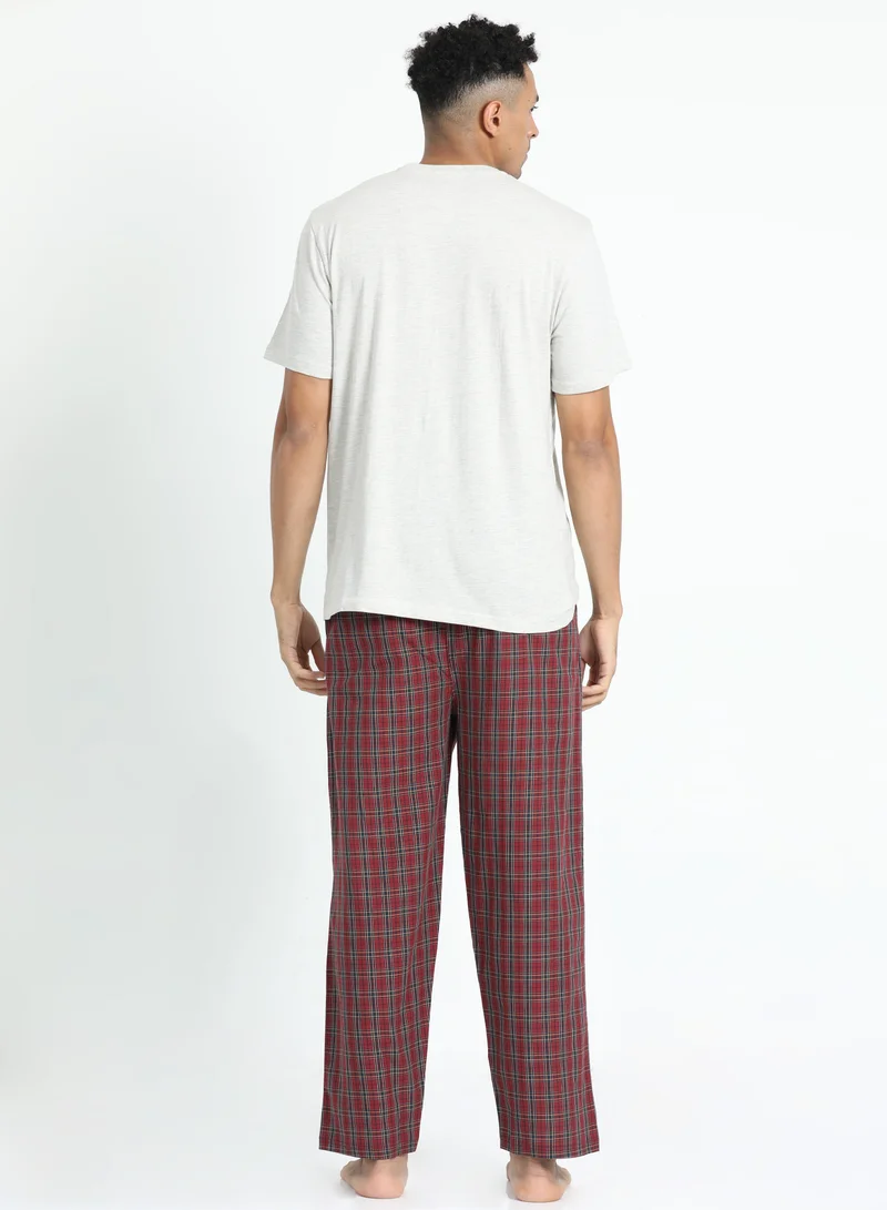 victor and jane Men's Cotton Pyjama Sets with Round Neck T-shirt in Beige and Woven long pants