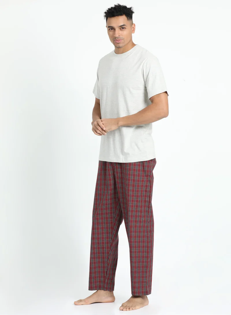 victor and jane Men's Cotton Pyjama Sets with Round Neck T-shirt in Beige and Woven long pants