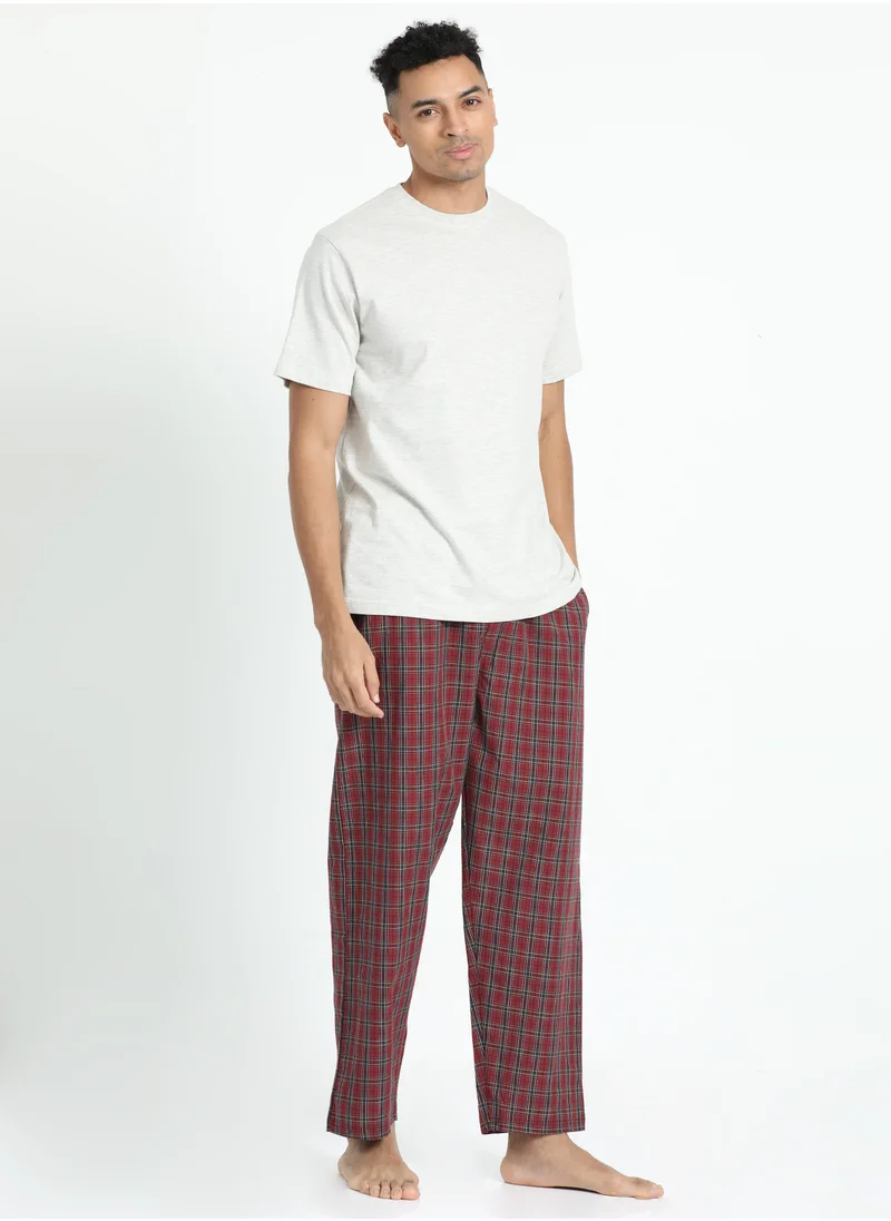 victor and jane Men's Cotton Pyjama Sets with Round Neck T-shirt in Beige and Woven long pants