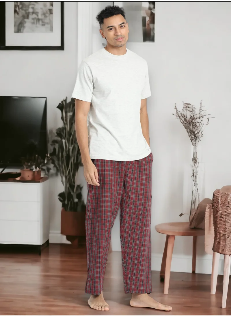 victor and jane Men's Cotton Pyjama Sets with Round Neck T-shirt in Beige and Woven long pants