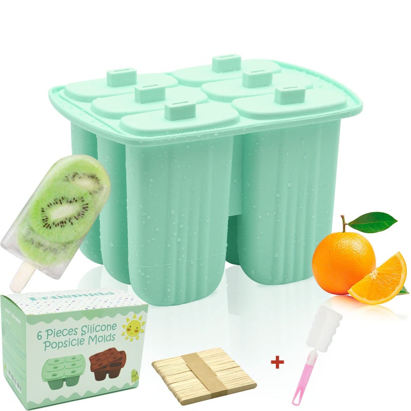 Bongpuda 6 Pieces Silicone Popsicle MoldsEasyRelease BpaFreeIce Pop MoldIce Cream Molds For KidsWith 50 Pcs Popsicle SticksCleaning BrushGreen