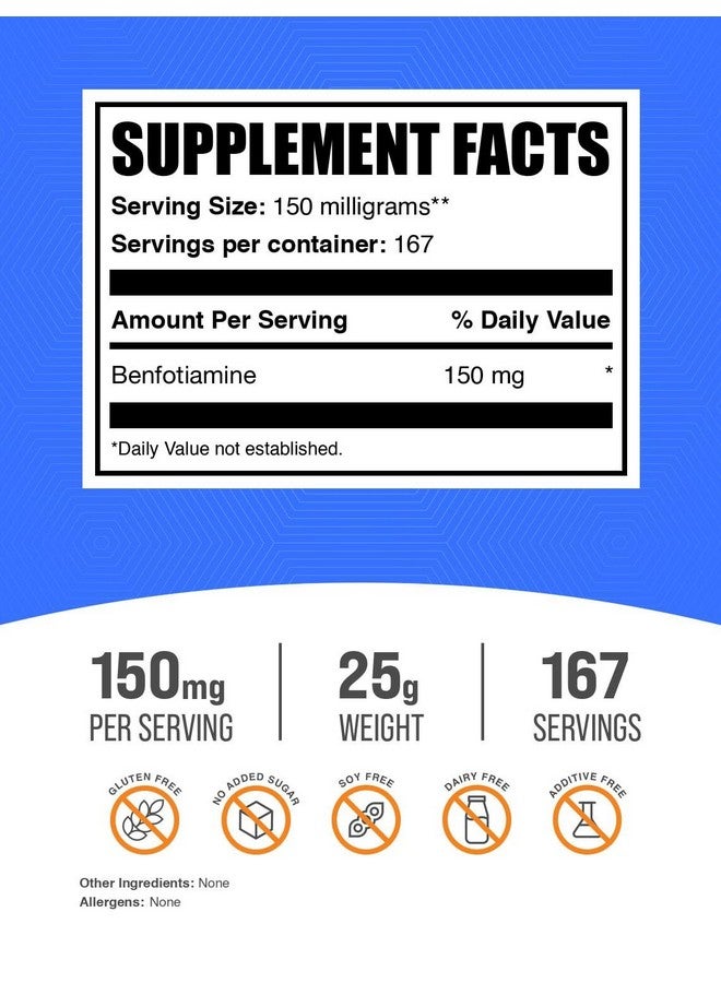 BulkSupplements.com Benfotiamine Powder - Thiamine B1 Supplement, Benfotiamine Supplement - Benfotiamine 150mg, Gluten Free - 150mg per Serving, 25g (0.88 oz) (Pack of 1) - Image 2