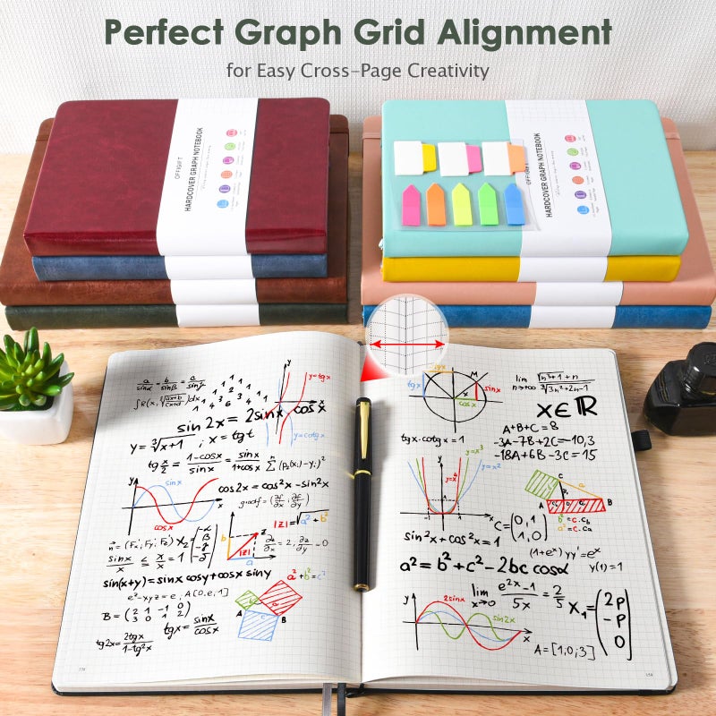 OFFIGIFT Graph Paper Notebook, 312 Numbered Pages B5 Hardcover Leather Journal, 100gsm No Bleed Grid Paper Notebook with Index Pages, Grid Notebook for Graphing Notes Math, 7.6'' X 10'', Green - Image 5