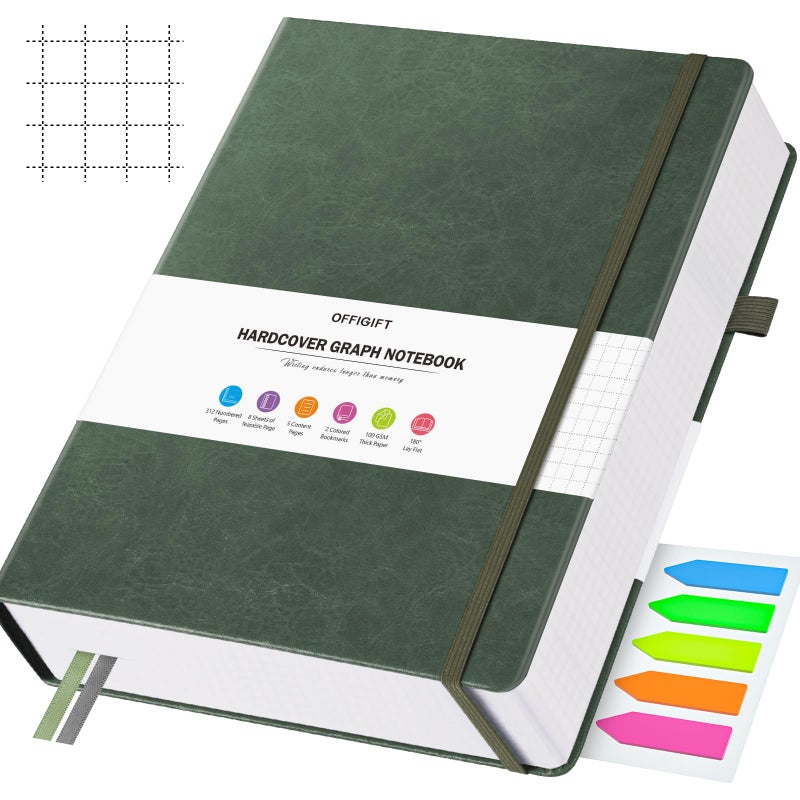 OFFIGIFT Graph Paper Notebook, 312 Numbered Pages B5 Hardcover Leather Journal, 100gsm No Bleed Grid Paper Notebook with Index Pages, Grid Notebook for Graphing Notes Math, 7.6'' X 10'', Green - Image 1