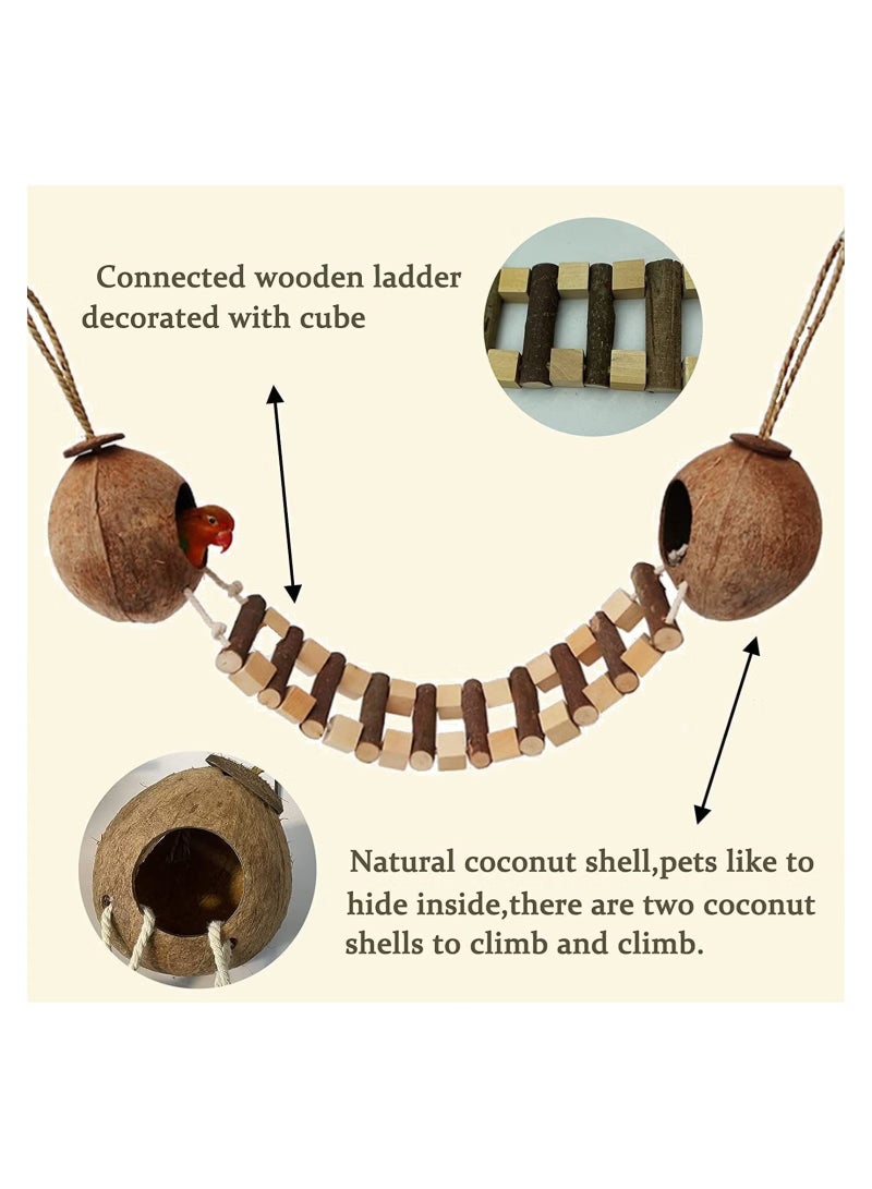 OMEVE Coconut Bird Nest Hut with Ladder Hanging Birds Hide House Toy for Cage - Image 5