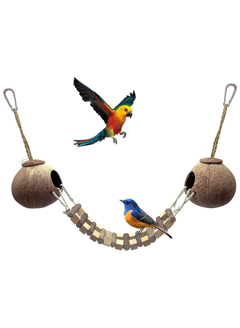 OMEVE Coconut Bird Nest Hut with Ladder Hanging Birds Hide House Toy for Cage - Image 1