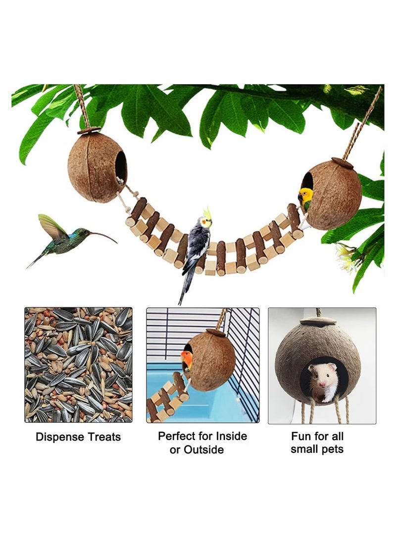 OMEVE Coconut Bird Nest Hut with Ladder Hanging Birds Hide House Toy for Cage - Image 4