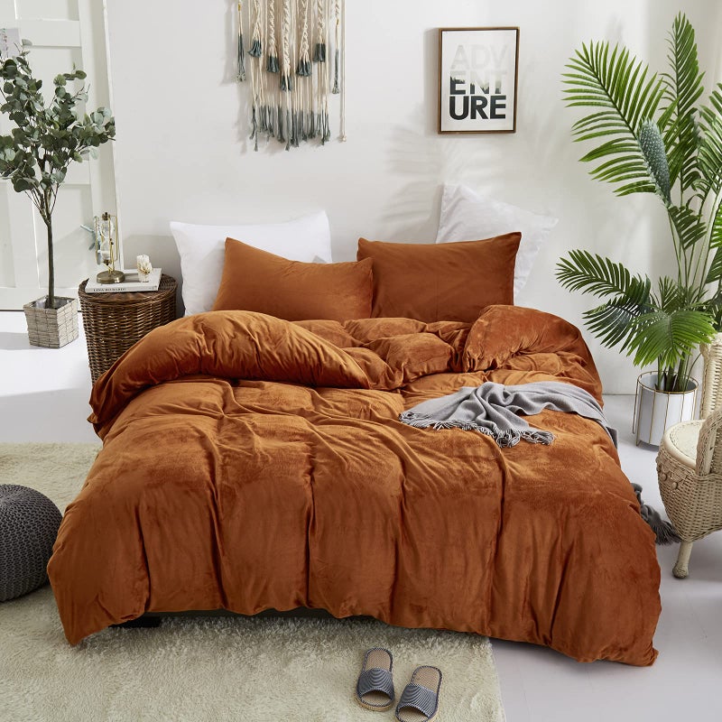 CLOTHKNOW Rust Velvet Queen Duvet Cover Set 3Pcs Terracotta Bedding Sets Flannel Full Bedding Duvet Cover Orange Bedding Comforter Cover Sets Queen