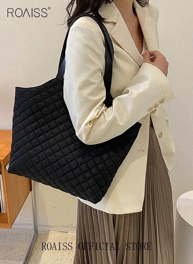 رويس حقيبة يد نسائية بنقشة ماسية، حقيبة كتف نسائية بسيطة بتصميم كلاسيكي وسعة كبيرة، حقيبة تنقل نسائية سوداء - Image 3