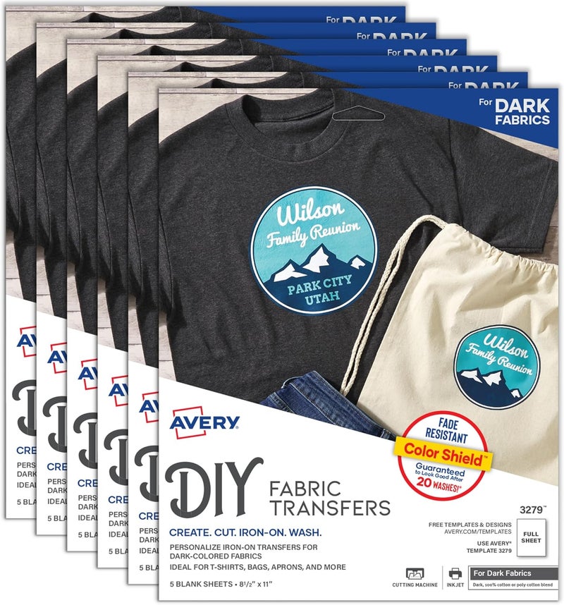 AVERY Printable Heat Transfer Paper for Dark Fabrics, 8.5" x 11", Inkjet Printer Compatible, 30 Sheets of Iron On Transfer Paper Total (6-Pack of 3279) - Image 1
