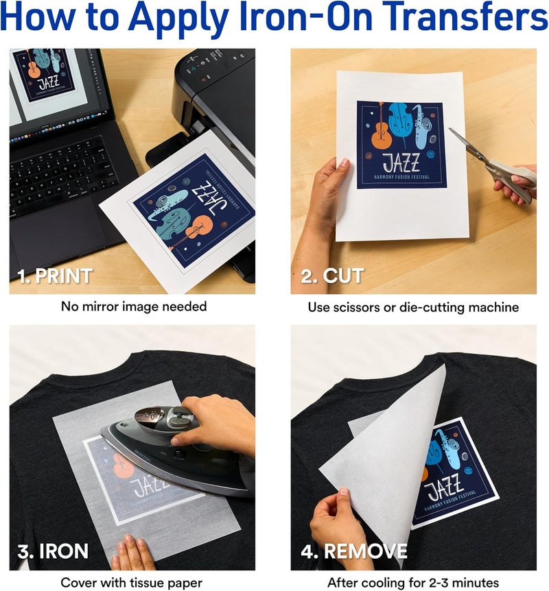 AVERY Printable Heat Transfer Paper for Dark Fabrics, 8.5" x 11", Inkjet Printer Compatible, 30 Sheets of Iron On Transfer Paper Total (6-Pack of 3279) - Image 4