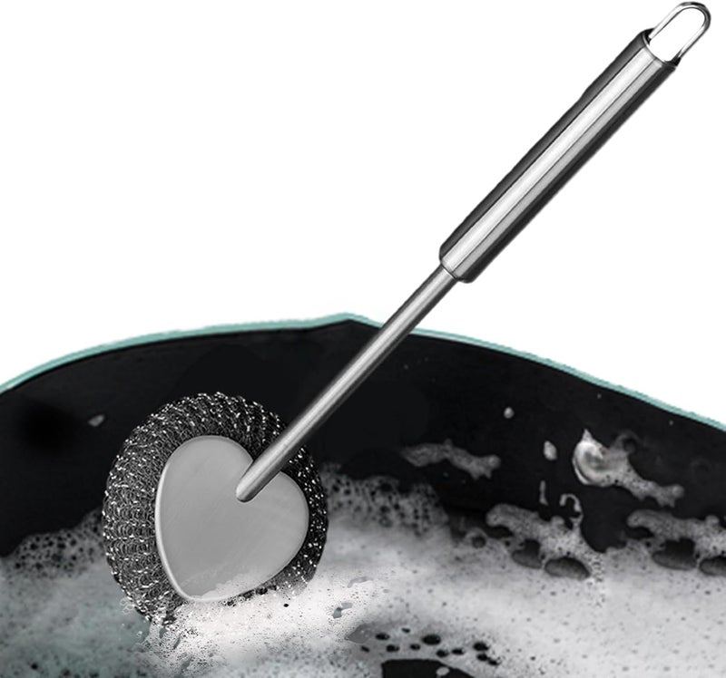 windforgecraft Steel Scrubber with Handle | Metal Scrubber Cleaning Brush with Long Handle | Reusable Scouring Pad Stainless Steel Brush Sturdy for Sink Tiles Pans Pots Borato - Image 1