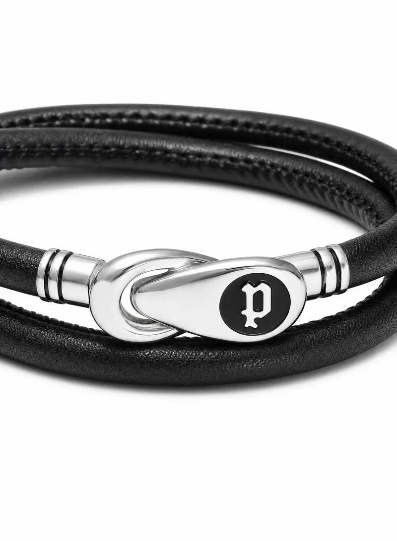POLICE Black Leather Bracelet for Men