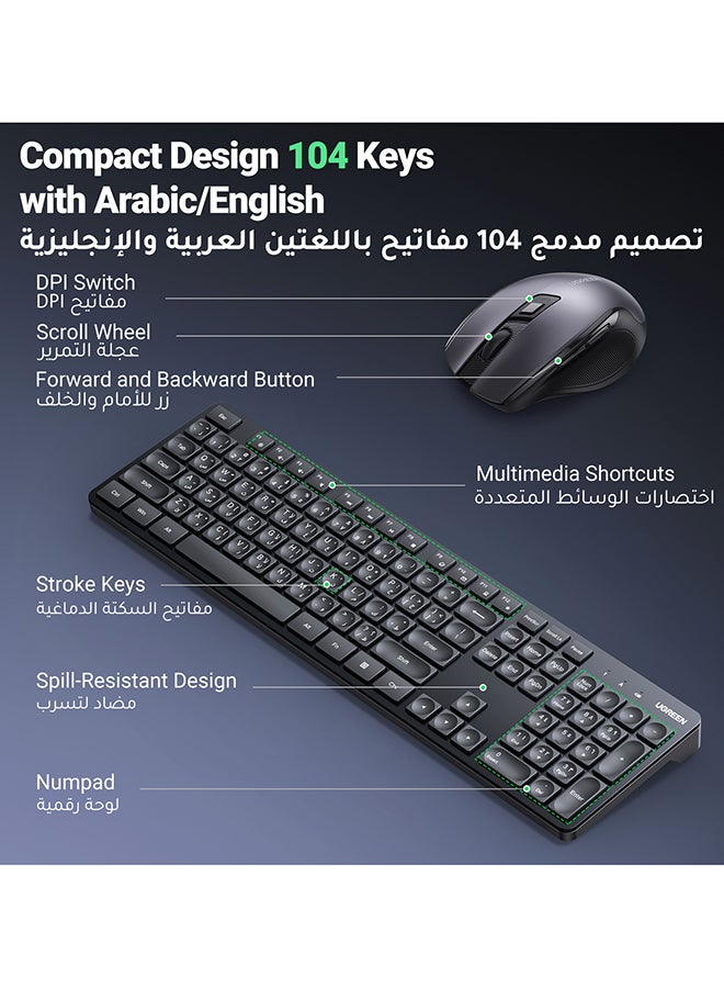 Ugreen Arabic & English Silent Wireless Keyboard and Mouse Combo For Windows, MacOS, 2.4 GHz Wireless USB Receiver, Full-Sized Keyboard And Comfortable Mouse, Compatible With PC & Laptop - Image 3