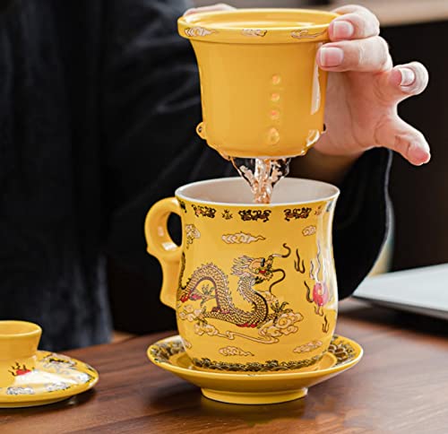 TONGMAN Blue and White Porcelain Tea Cup Infuser 4-Piece Set With Lid and Saucer - 13.5oz Loose Leaf Brewing System for Travel Office - Chinese Dragon Pattern - Image 4
