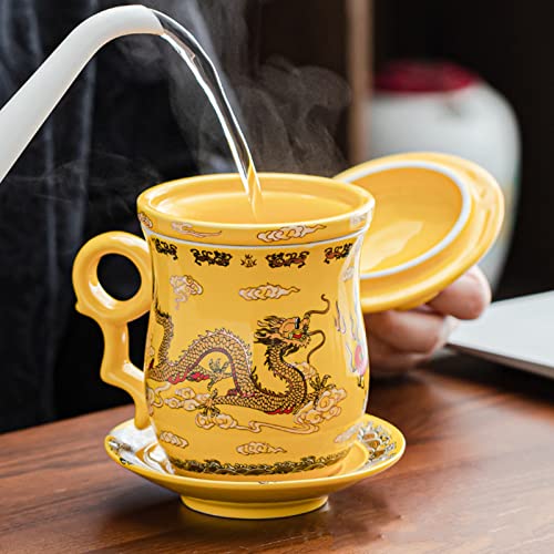 TONGMAN Blue and White Porcelain Tea Cup Infuser 4-Piece Set With Lid and Saucer - 13.5oz Loose Leaf Brewing System for Travel Office - Chinese Dragon Pattern - Image 3