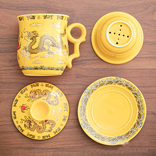 TONGMAN Blue and White Porcelain Tea Cup Infuser 4-Piece Set With Lid and Saucer - 13.5oz Loose Leaf Brewing System for Travel Office - Chinese Dragon Pattern - Image 5