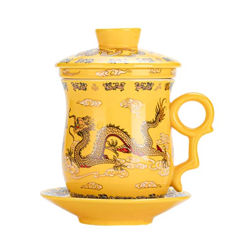 TONGMAN Blue and White Porcelain Tea Cup Infuser 4-Piece Set With Lid and Saucer - 13.5oz Loose Leaf Brewing System for Travel Office - Chinese Dragon Pattern - Image 1