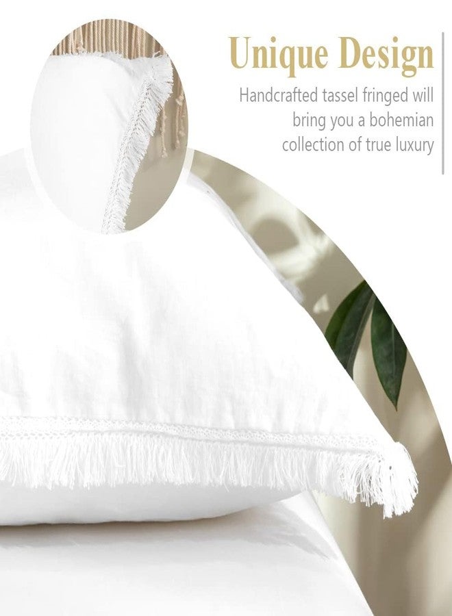 Simple&Opulence 100% Linen Euro Sham Pillow Covers Belgian Flax-Set of 2, Decorative Pillow Cover with Tassels, Boho Shabby Chic Style for Couch/Bed, White, 26''x26'' - Image 2