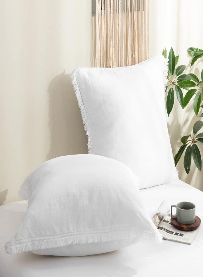 Simple&Opulence 100% Linen Euro Sham Pillow Covers Belgian Flax-Set of 2, Decorative Pillow Cover with Tassels, Boho Shabby Chic Style for Couch/Bed, White, 26''x26'' - Image 1