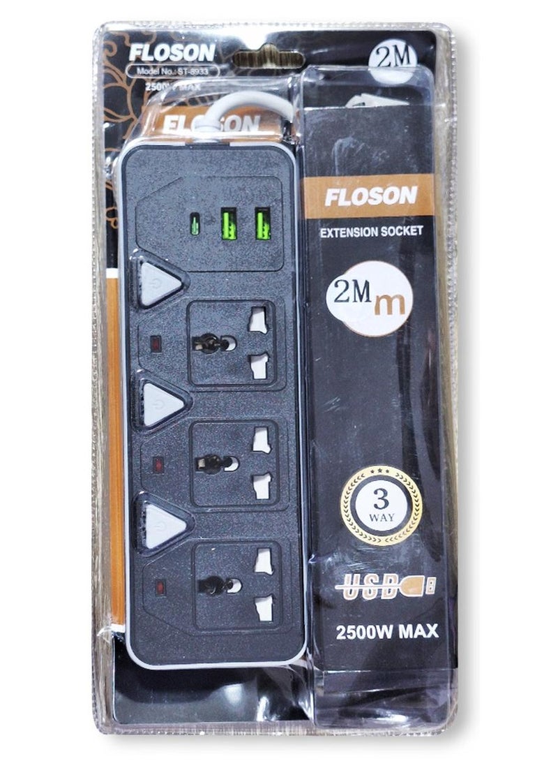 مشترك كهرباء - 2500 وات، 10 أمبير / 220-250 فولت، مزود بـ 3 مخارج وكابل 2 متر ومنفذين يو اس بي ومنفذ تايب سي للاب توب والكمبيوتر الشخصي والماك بوك والأجهزة الكهربائية المنزلية والمكتبية وشاحن الجوال - Image 1