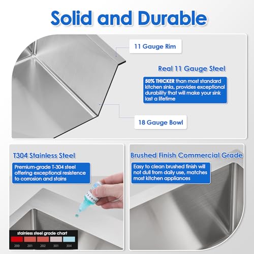 ROVOGO 20 inch Drop in Bar Sink 304 Stainless Steel, 20"x16" Wet Bar Prep Sink Single Bowl for Small Kitchen, 9" Deep Sink Top Mount with 2-Hole & Drain Assembly, Brushed - Image 3