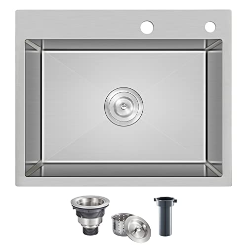 ROVOGO 20 inch Drop in Bar Sink 304 Stainless Steel, 20"x16" Wet Bar Prep Sink Single Bowl for Small Kitchen, 9" Deep Sink Top Mount with 2-Hole & Drain Assembly, Brushed - Image 1