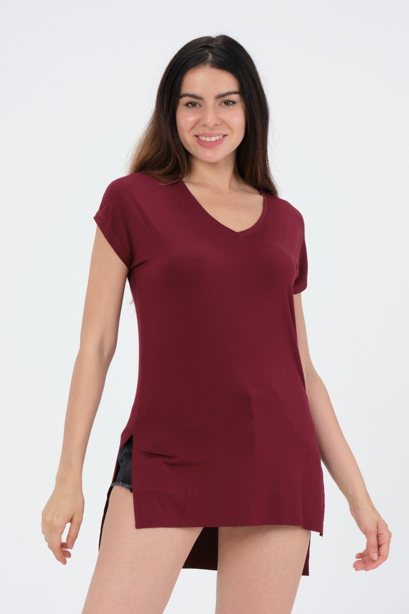 RICH Claret Red Women's V Neck T-Shirt T-Shirt  - Image 4