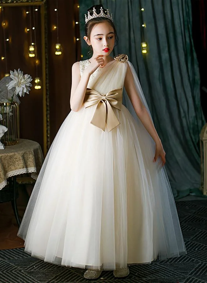 تايك تو Take Two Cream Embellished Bow Detail Mesh Party Dress