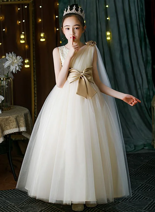 تايك تو Take Two Cream Embellished Bow Detail Mesh Party Dress