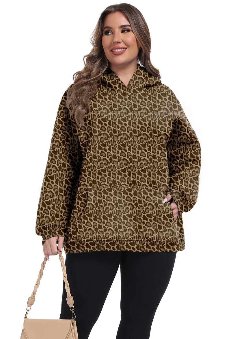 OLRIK Womens Plus Size Hoodies Fleece Hooded Sweatshirt Light Weight Sweater with Kangaroo Pocket Cozy Loose Fit Cheetah Print-3X - Image 2