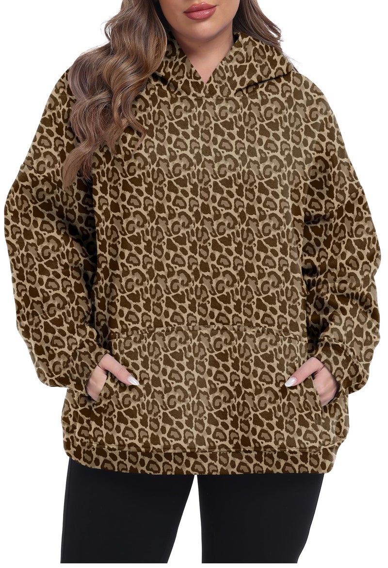 OLRIK Womens Plus Size Hoodies Fleece Hooded Sweatshirt Light Weight Sweater with Kangaroo Pocket Cozy Loose Fit Cheetah Print-3X - Image 1