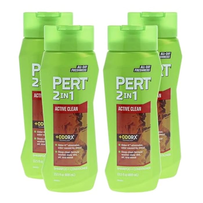 PERT 2 in 1 Active Clean Shampoo and Conditioner - Deep Clean with Odor Elimination Technology - Leaves Hair Manageable and Fresh All Day - 4 pc