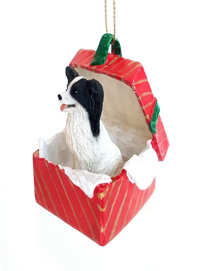 Conversation Concepts Papillon Dog Black Sits in a Red Gift Box Christmas Ornament New RGBD47B - Image 1