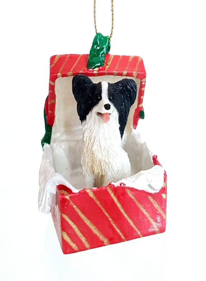 Conversation Concepts Papillon Dog Black Sits in a Red Gift Box Christmas Ornament New RGBD47B - Image 2