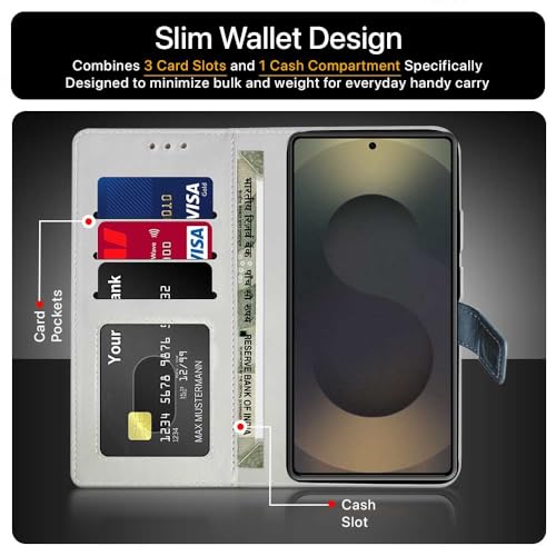 FLIPPED Vegan Leather Flip Case Back Cover for Samsung Galaxy S25 Ultra 5G (Flexible, Shock Proof | Hand Stitched Leather Finish | Card Pockets Wallet & Stand | Blue with Aquamarine) - Image 4