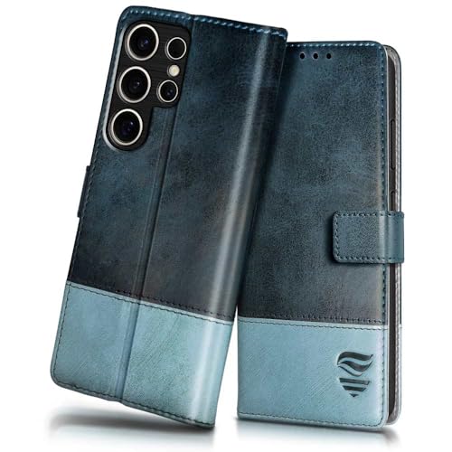 FLIPPED Vegan Leather Flip Case Back Cover for Samsung Galaxy S25 Ultra 5G (Flexible, Shock Proof | Hand Stitched Leather Finish | Card Pockets Wallet & Stand | Blue with Aquamarine) - Image 1