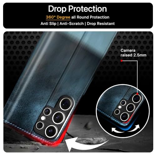 FLIPPED Vegan Leather Flip Case Back Cover for Samsung Galaxy S25 Ultra 5G (Flexible, Shock Proof | Hand Stitched Leather Finish | Card Pockets Wallet & Stand | Blue with Aquamarine) - Image 5