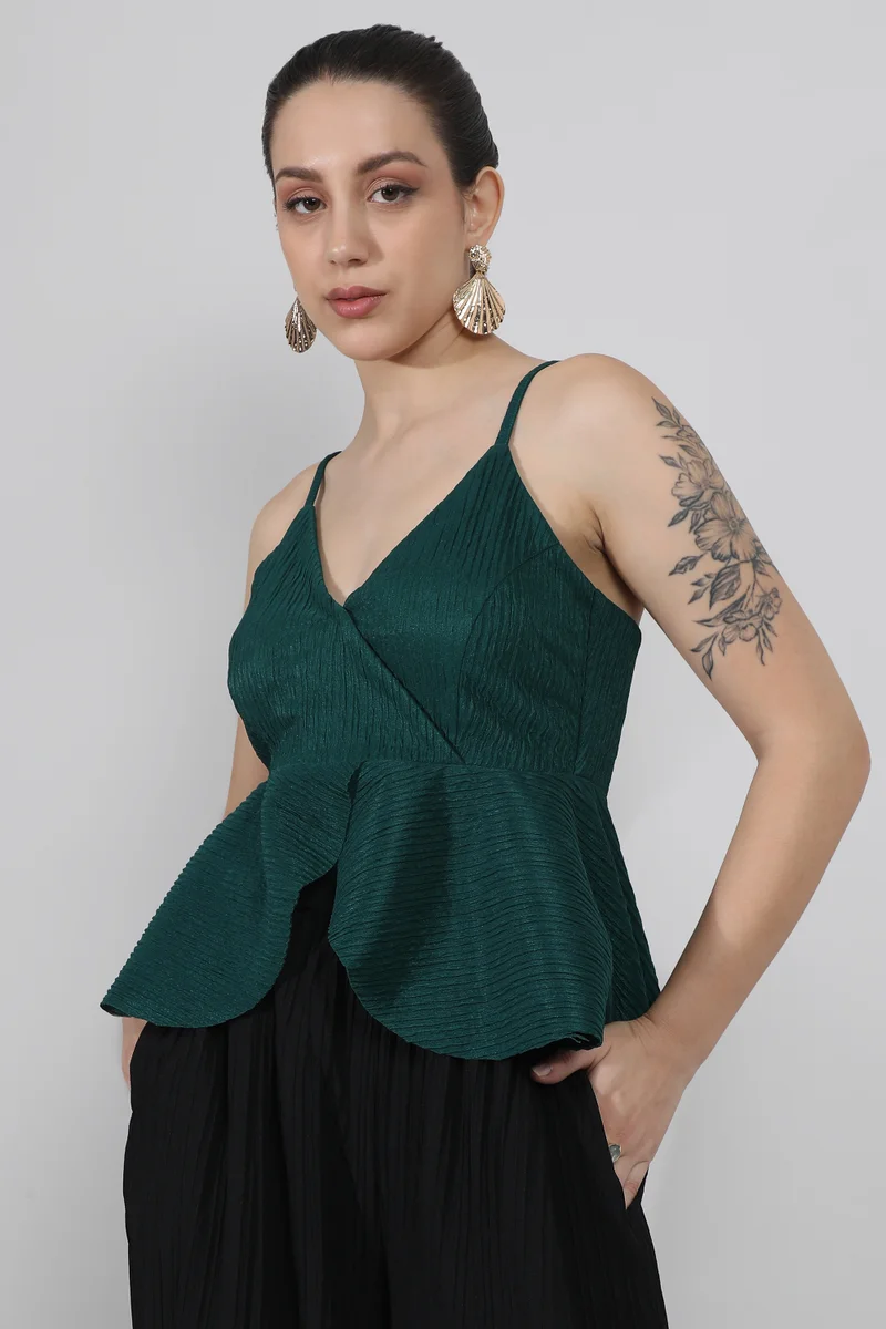 Campus Sutra Women's Emerald Green Ripple Peplum Top