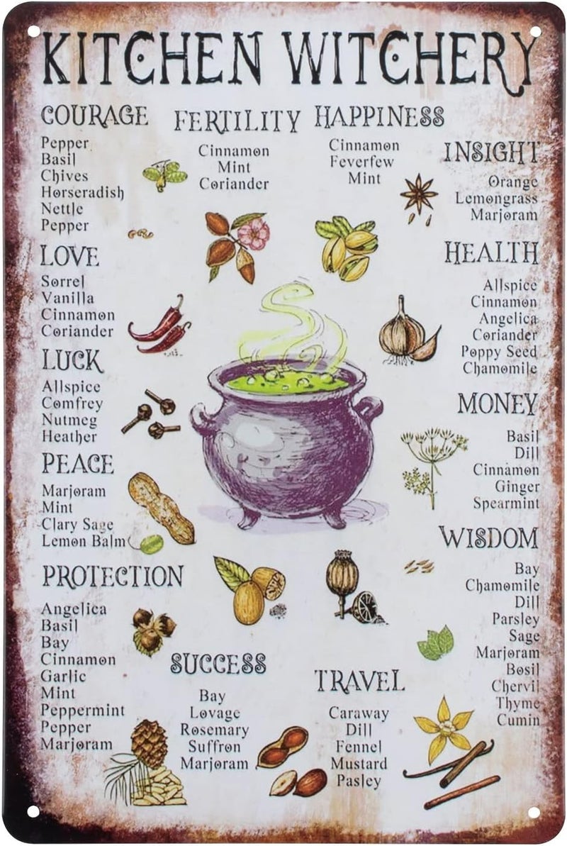 ERLOOD Kitchen Witchery Metal Decor Rustic Antique Decorations Witches Magic Knowledge Kitchen For Home HappinessTin Signs 8 x 12 - Image 1