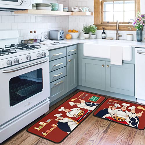 OUXIOAZ Chef Kitchen Rugs and Non Skid Washable Absorbent Microfiber Kitchen Mat for Floor, Kitchen Mat Set of 2 Red Kitchen Decor Stain Resistant 17"x47"+17"x30" - Image 2