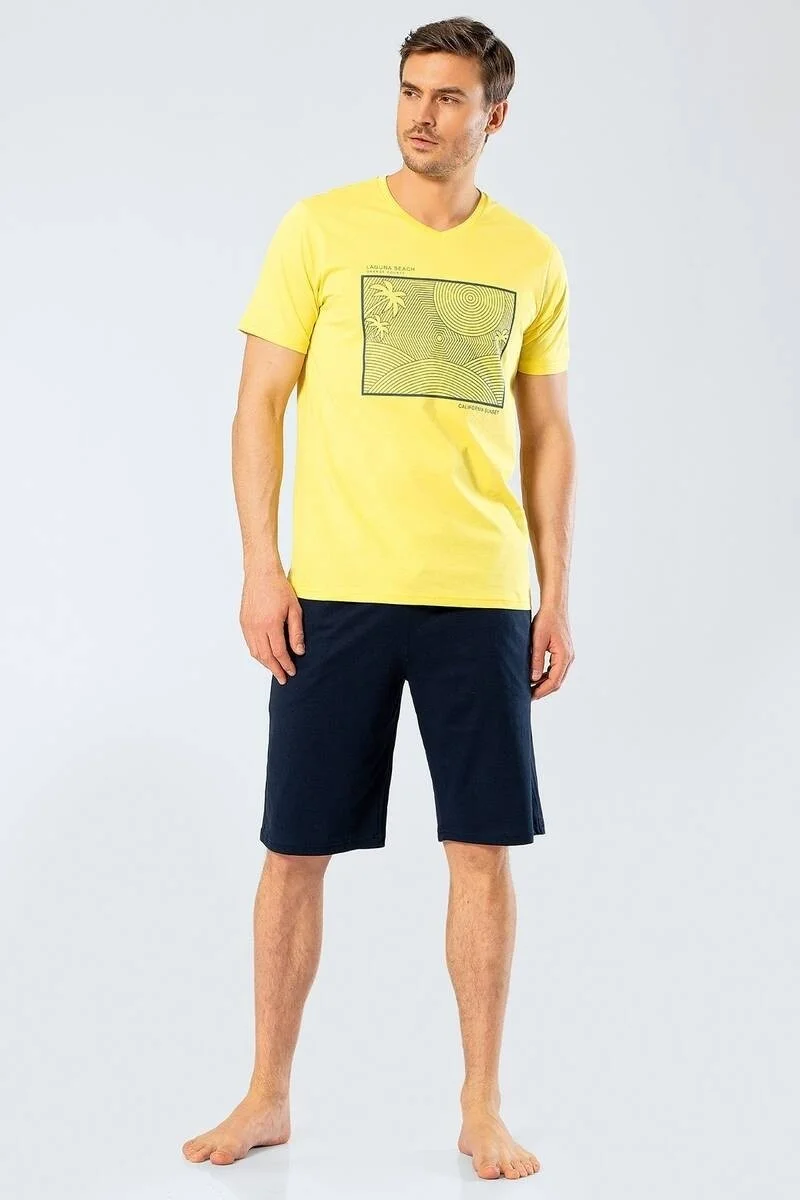 Patalya Türen Men's Printed V-Neck Bermuda Shorts Pajama Set