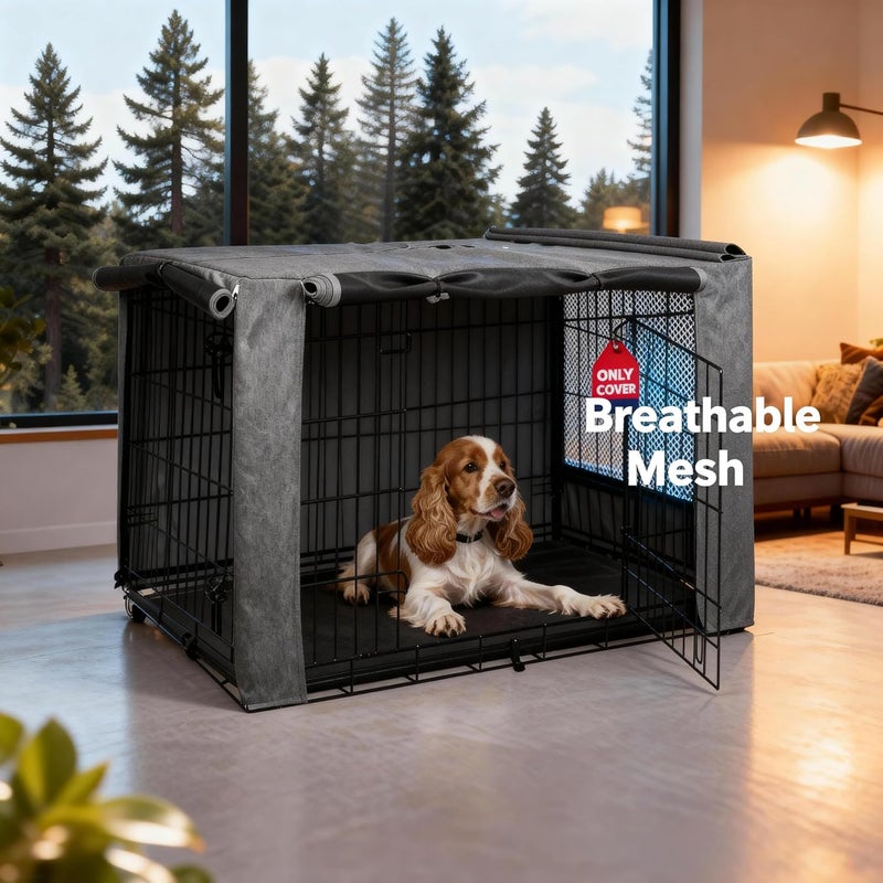 HiCaptain Breathable Dog Crate Cover 48 Inch, Durable Heavy Duty Kennel Cover, Dual Zippered Panels, Windproof Waterproof UV-Resistant(Grey) - Image 2