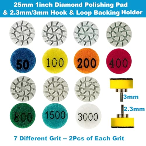 MiJunHD 1inch 25mm Mini Diamond Polishing Pad 16Pcs/Set, 7 Different Grit 50#-3000# Water Sanding Discs & 2.3mm 3mm Shank Hook & Loop Backing Holder for Detail Fine Grinding - Image 2