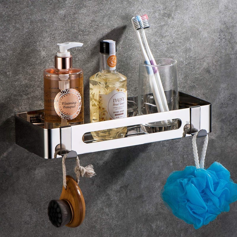 Tagve 304 Stainless Steel Wall Mount Shower Basket Hanging Rack Bathroom Storage Organizer with 2 Hooks Polished Finish Rustproof Holder Rack for KitchenSquare - Image 1