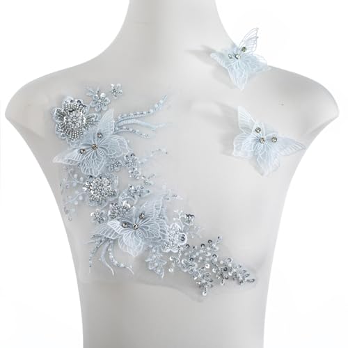 FixrWre Flower Pearl Fabric Rhinestones Beaded Lace Applique,3D Butterfly Embroidered Lace Patch for Clothes,Dress (Light Blue) - Image 1