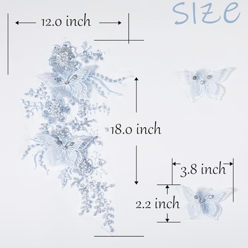 FixrWre Flower Pearl Fabric Rhinestones Beaded Lace Applique,3D Butterfly Embroidered Lace Patch for Clothes,Dress (Light Blue) - Image 2