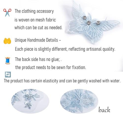 FixrWre Flower Pearl Fabric Rhinestones Beaded Lace Applique,3D Butterfly Embroidered Lace Patch for Clothes,Dress (Light Blue) - Image 5